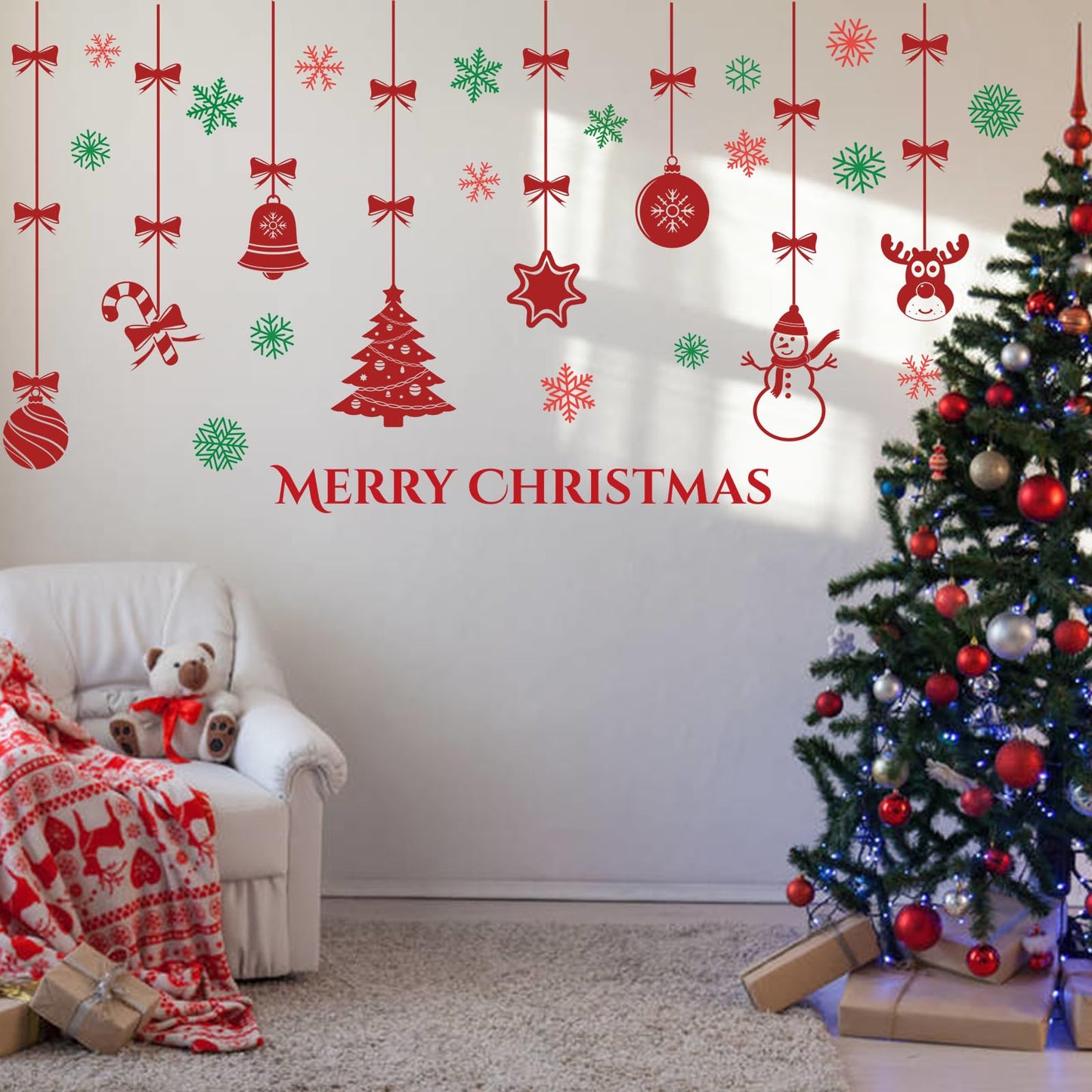 Merry Christmas Wall Decals for Bedroom-Hanging Xmas Tree Snowflake Wall Stickers for Living Room Window Door Decor-Removable Art Mural for Kids Baby Gift Nursery Decor Supplies (Red)