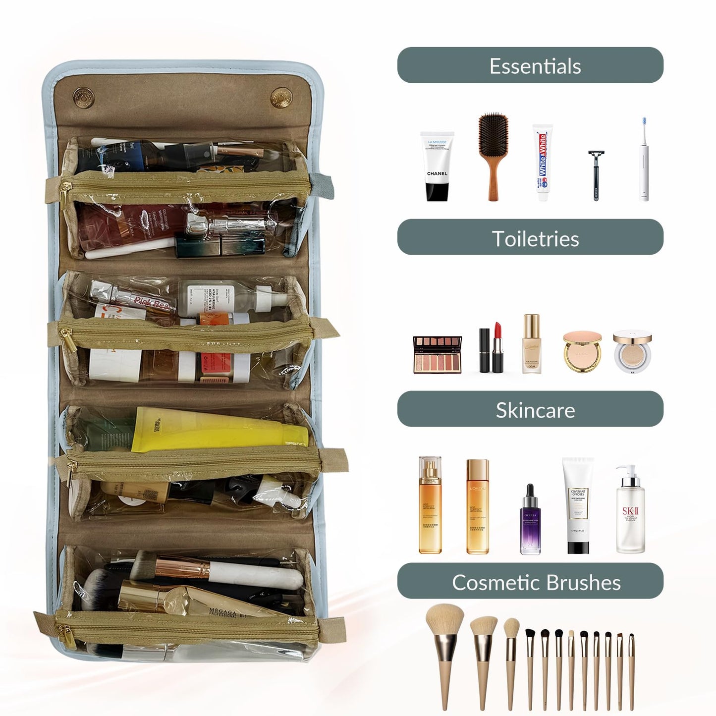 YDR Travel Makeup Bag,Capacity Cosmetic Bag for Women Portable Pouch Case Toiletry Bag 4-in-1 Roll-Up Makeup Bag Storage Organizer With 4 Detachable Removable