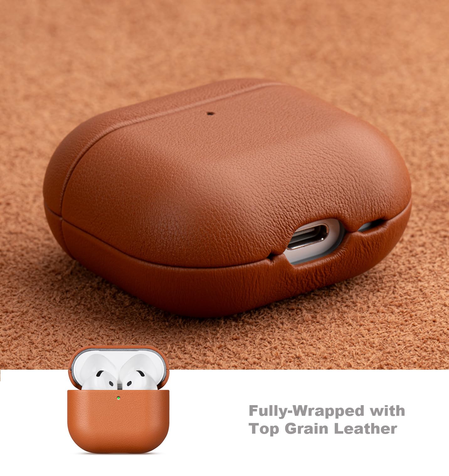 LOPIE Handmade Case for AirPods 4 / AirPods 4 with Active Noise Cancellation Leather Case, Fully-Wrapped with Top Grain Leather, Protective Hard Shell Cover for Gen 4 AirPods - Brown