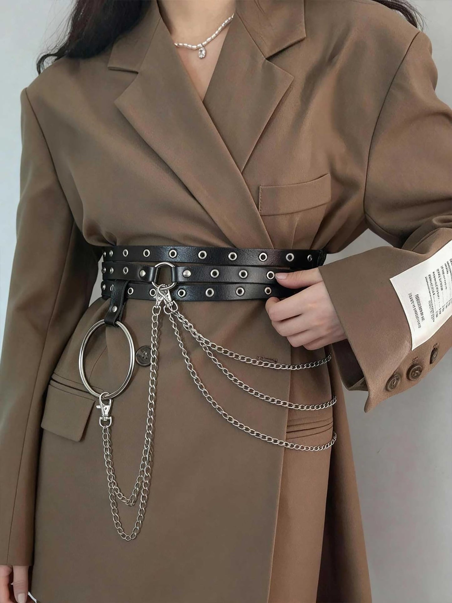 WARANDOD Women Double Layer Waist Belt with Chain, Adjustable Faux Leather Alloy Hip Belt for Street Style Festival Outfits(Waist 26.4-35.4in)