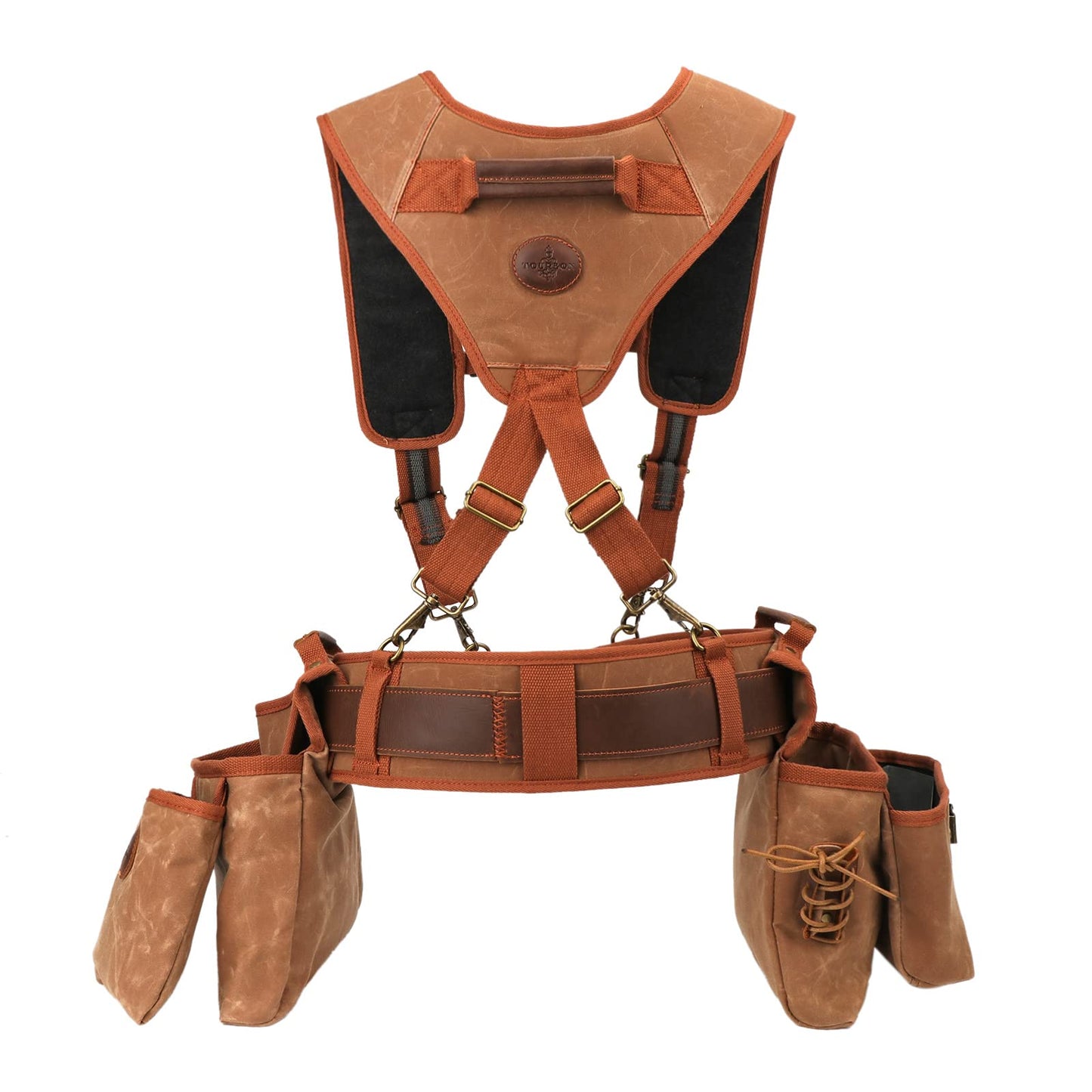 Heavy Duty Canvas Carpenter Tool Belt with Suspenders & 12 Pockets, Detachable Tool Pouch Set for Framers Construction Electricians, Padded Rig, Brown, Fits 39-46" Waist