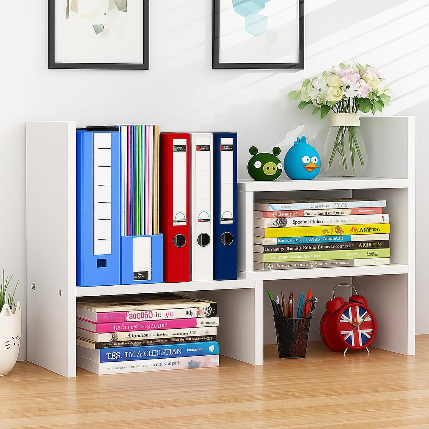 IUSEIT Desktop Shelf Organizer, Adjustable Wood Office Storage Rack, Counter Display Small Bookshelf for Home/Office/School(White)