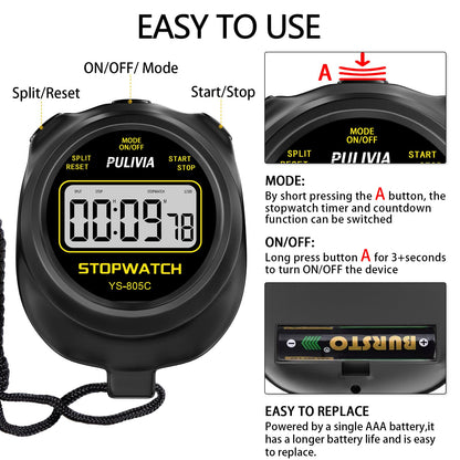 PULIVIA Stopwatch Timer with Countdown, Simple Operation Digital Stop Watch for Sports, Countdown-Alarm Button-Sound, AAA Battery Included (Black)