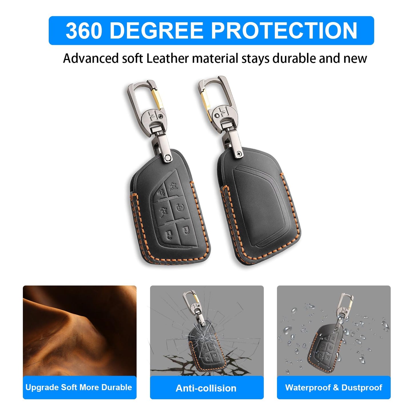 QBUC for Cadillac Premium Leather Key Fob Cover, for Cadillac Escalade CT4 CT5 Lyriq 2021-2025 XT4 XT5 2024 2025 (Black, 6-Button)