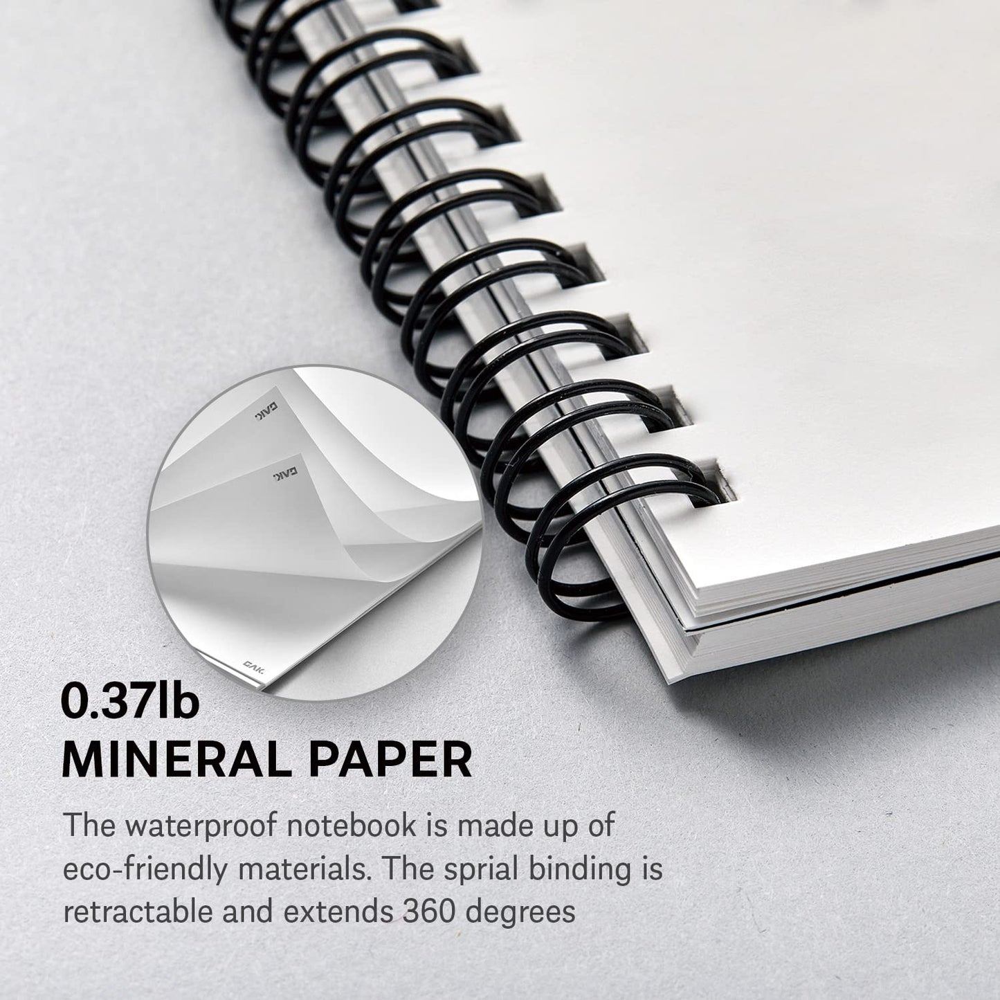 GAK. Stone Paper Notebook | No Lines Spiral Notebook Waterproof Sheet Aesthetic Journal for Note Taking | Notebooks for Work & Aesthetic School Supplies | Large Size, White (7.2”x10.1”, 50 sheets)