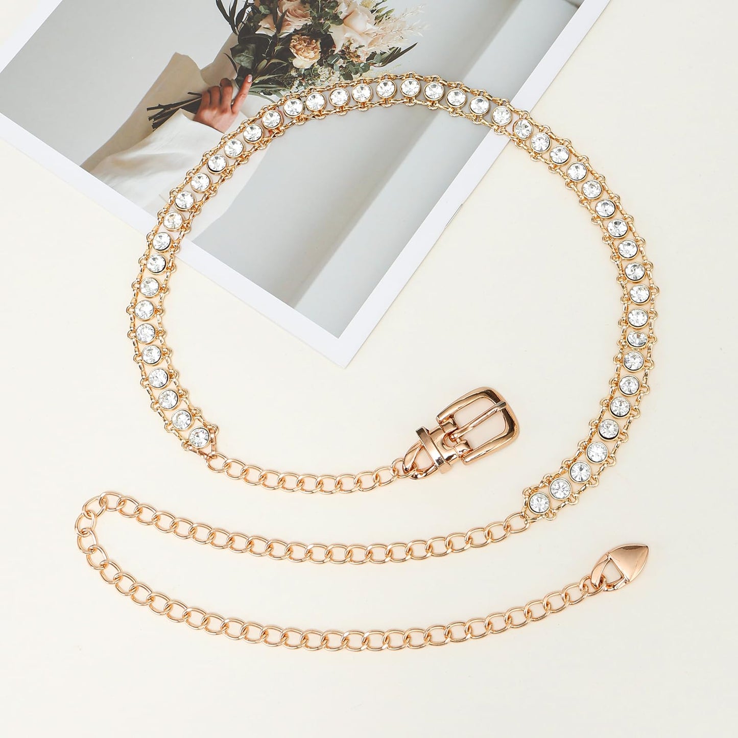 YooAi Chain Belts Leather Waist Belt for Women Layered Metal Chain Belt Gold Buckle Gold Rhinestsone 130 XL/2XL