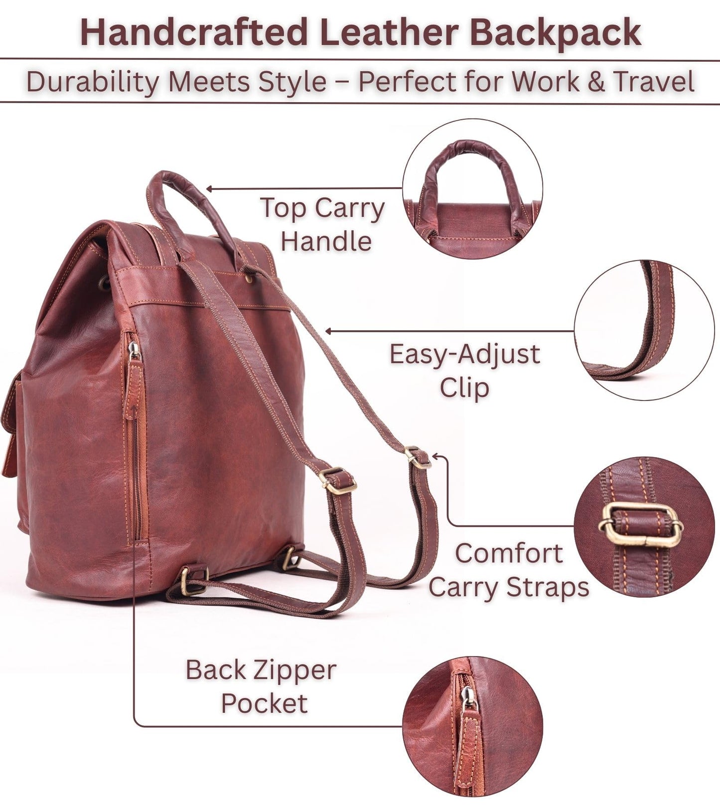 Lakshigo Womens Leather Backpack Purse – 14" Brown Vintage Genuine Leather Drawstring Rucksack Ladies Leather Bookbag for Work, Travel & Everyday Use (Brown)
