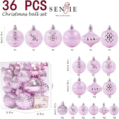 Christmas Ornaments Set with 36pcs Shatterproof Christmas Tree Decorations Multi-Size Christmas Ball Ornaments with 7 Styles Pink