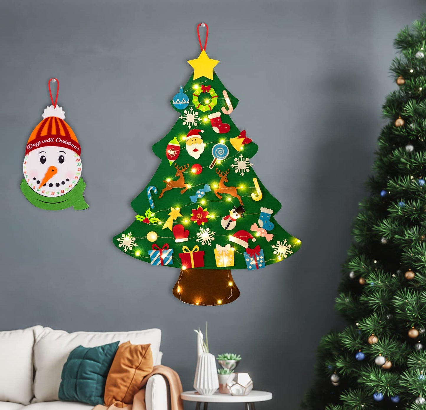 jollylife 3ft DIY Felt Christmas Tree Set + Snowman Advent Calendar - Xmas Decorations Wall Hanging 33 Ornaments Kids Gifts Party Supplies