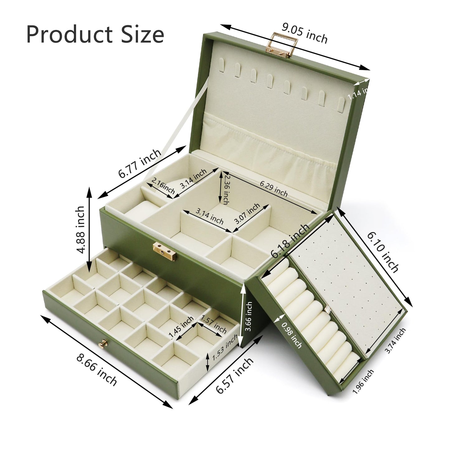 Jewelry Organizer Box, Jewelry Box Organizers for Women Girls, 3 Layers Large Leather Jewels Storage Case for Earring, Rings, Necklaces Bracelets, Big and Small Jewellery, Watch, Gift (OliveGreen)