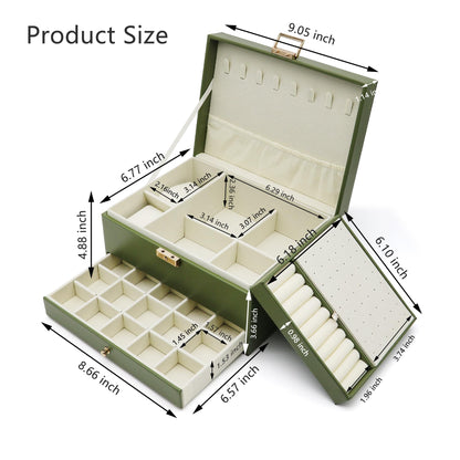 Jewelry Organizer Box, Jewelry Box Organizers for Women Girls, 3 Layers Large Leather Jewels Storage Case for Earring, Rings, Necklaces Bracelets, Big and Small Jewellery, Watch, Gift (OliveGreen)