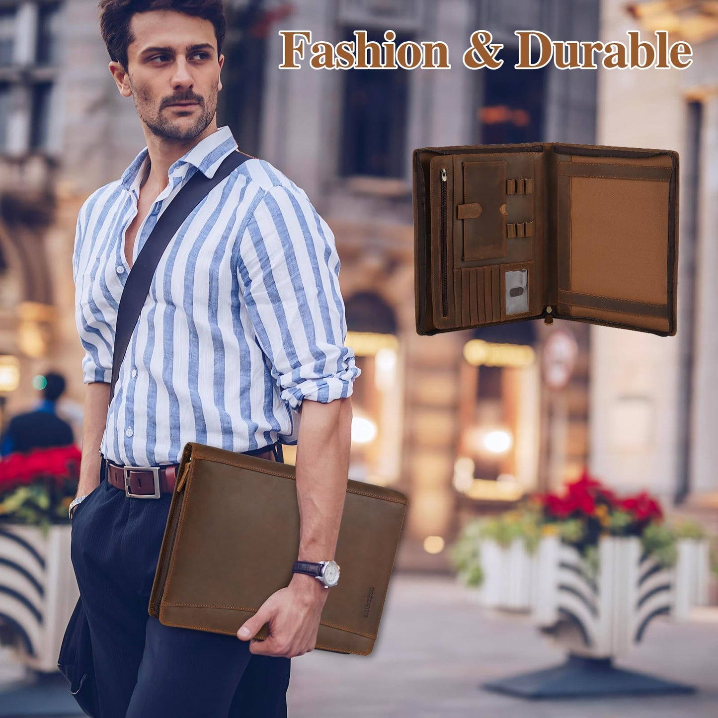 Jack&Chris Leather Portfolio with Zipper for Men Women, Leather Padfolio Organizer Business Resume Legal Pad Portfolio Notebook Binder for A4/Pad, JC007-8