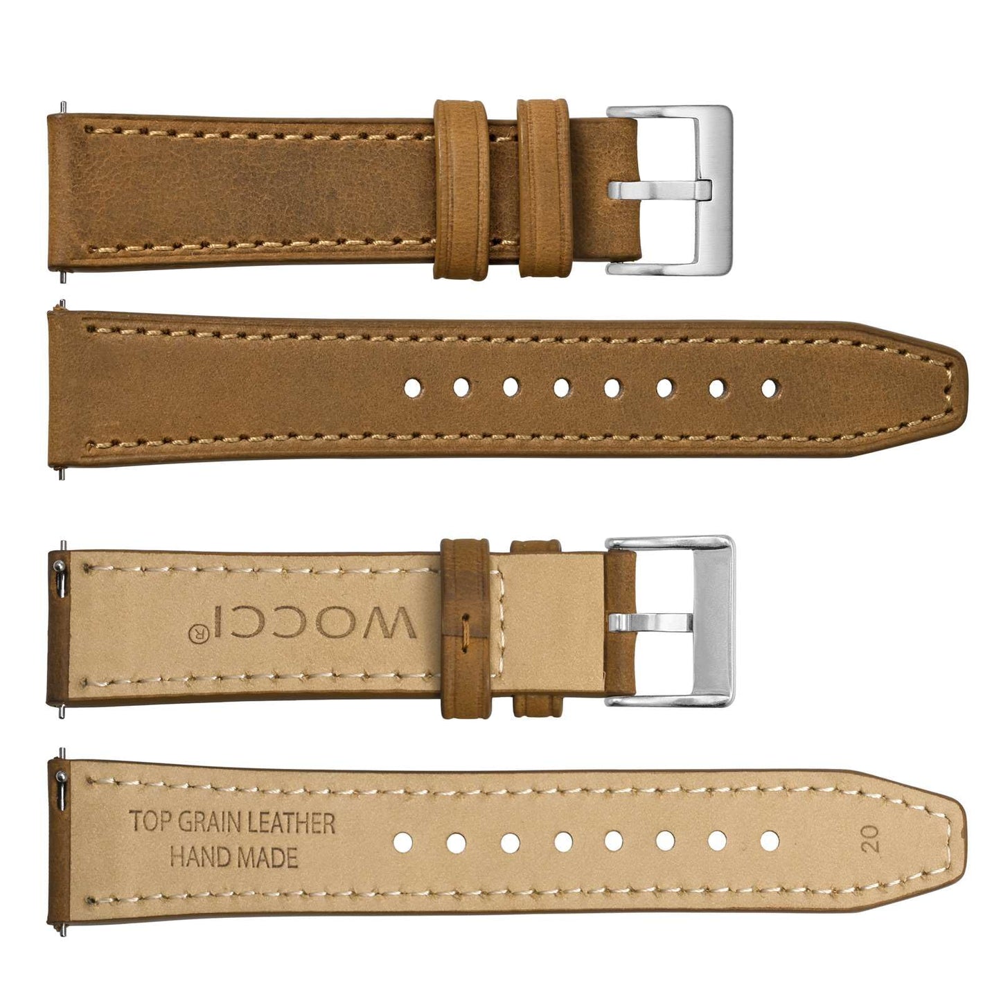 WOCCI 20mm Elite Watch Band, Top Grain Leather, Quick Release, Silver Buckle (Sand)