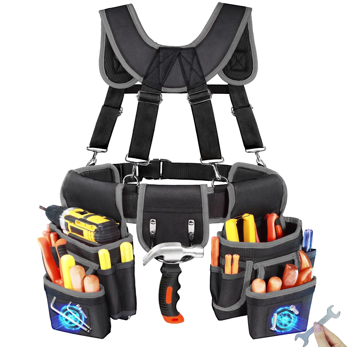 FamilyKit Tool Belt With Suspenders - Magnetic Heavy Duty Tool Belts with 18 Pockets, Tool Pouch with Detachable & Adjustable 32"-66" Waist for Electricians, Carpenters, Framers, Construction,Black