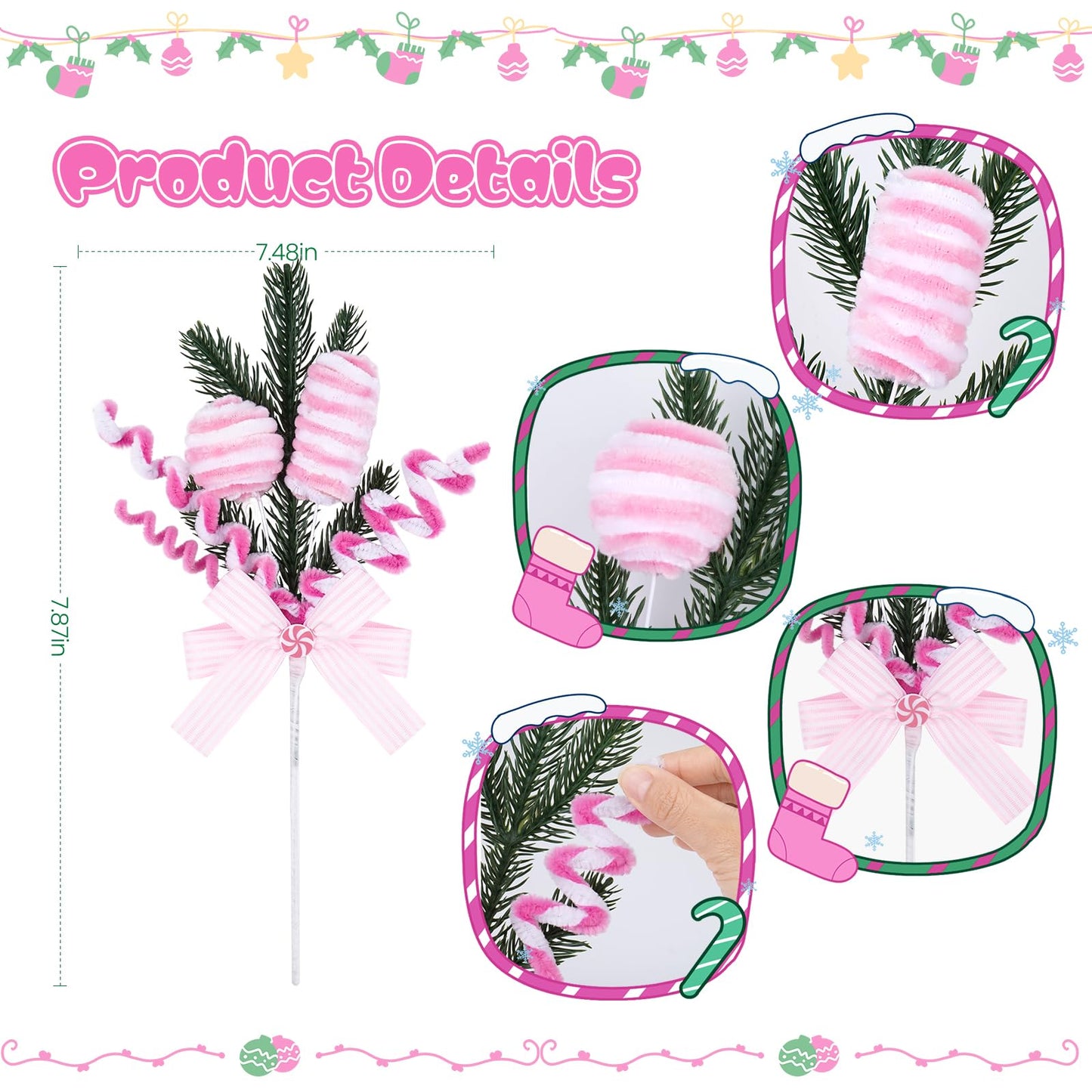 Pastel Candy Cane Christmas Tree Picks Set of 4, Pink Peppermint Ornament Sprays with Bows and Greenery, Christmas Tree Topper Decorations, Candyland Christmas Decor for Tree, Wreath and Garland