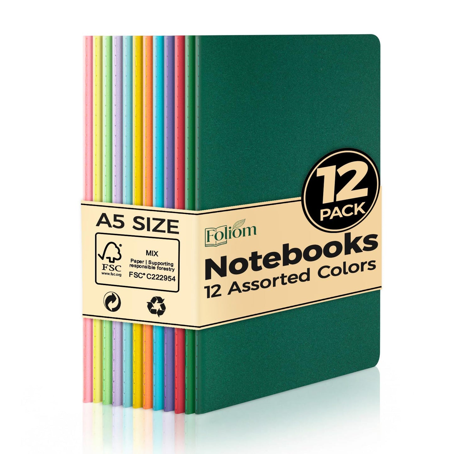 Foliom 12 Pack A5 Colorful Notebooks – Blank Journal Bulk Set, 12 Colors, 230g Thick Kraft Cover, 60 Pages, 8.3x5.5 Softcover – Stitch Bound, Lays Flat, Cream Paper, No Bleed