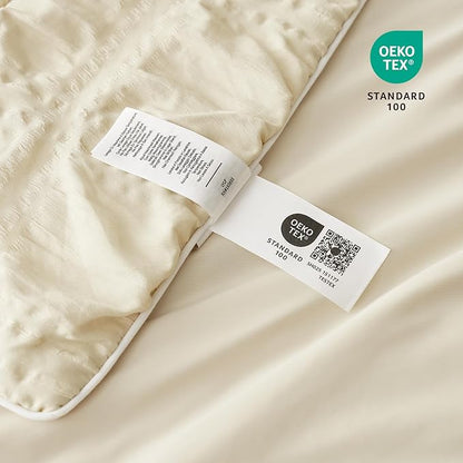 Cozy Bliss Cooling Comforter Seersucker Plaid Twin, Q-Max 0.4 Reversible Lightweight Cooling Blanket, Breathable Silk Smooth Summer Bedding Quilt for Hot Sleepers Night Sweats Khaki