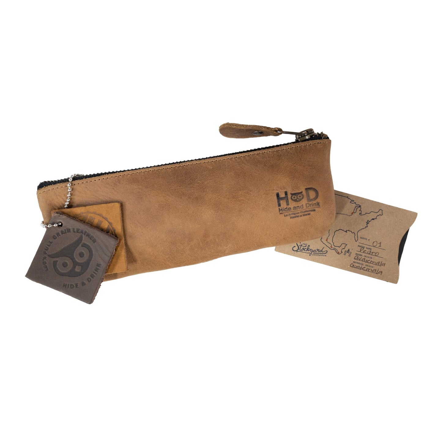 Hide & Drink, Rectangular Pencil Case, Pen & Marker Pouch for Men and Women, Flat Zippered Holder, Classic Style for Artists, Full Grain Leather, Handmade, Single Malt Mahogany
