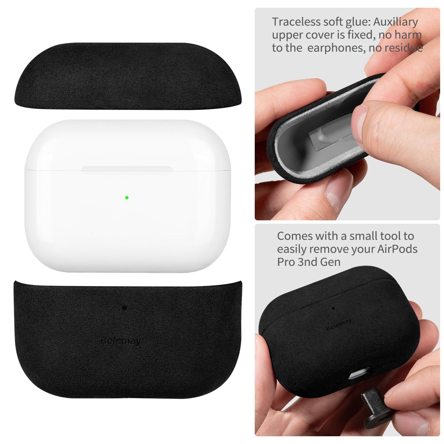 Belemay Handcrafted Alcantara Case for AirPods Pro 3rd Gen (2025), Compatible with MagSafe, Luxury Italian Suede-Like Material, Comfortable Grip, Elegant Cover Compatible with Airpods Pro 3, Black