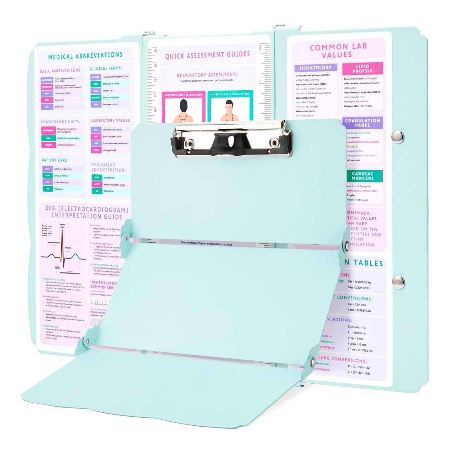 Nursing Clipboard Foldable, Thicken Aluminum Trifold Nursing Clipboard, Nursing Pocket Size Nurse Clipboards with Pen Holder, Nursing Edition Cheat Sheet for Students, Nurses and Doctors, Mint