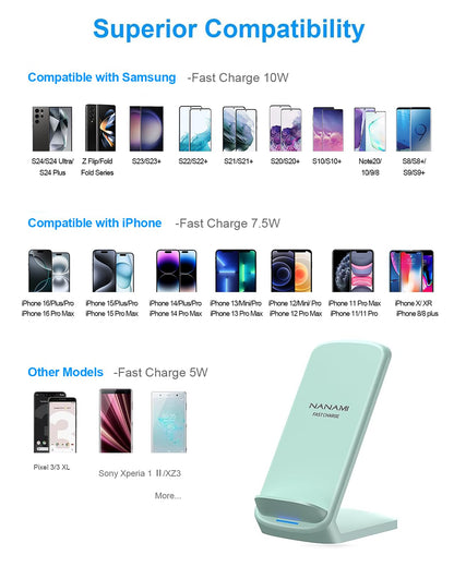 NANAMI Upgraded Fast Wireless Charger, Qi-Certified Wireless Charging Stand Compatible with Samsung Galaxy S25/S24/S23/S22/S21/S20 & Qi Phone Charger for iPhone 17/17 Air/16/16 Plus/16 Pro/15/14/13
