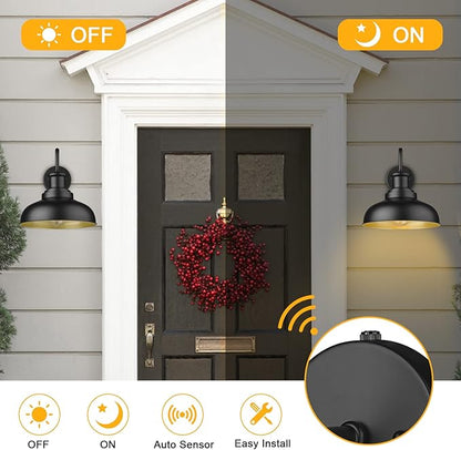 Dusk to Dawn Outdoor Gooseneck Barn Lights Outdoor Wall Sconces Farmhouse Exterior Wall Mount Light Vintage Outside Lighting Fixture Industrial Black Lanterns for Porch Garage Shed Patio, 4 Pack