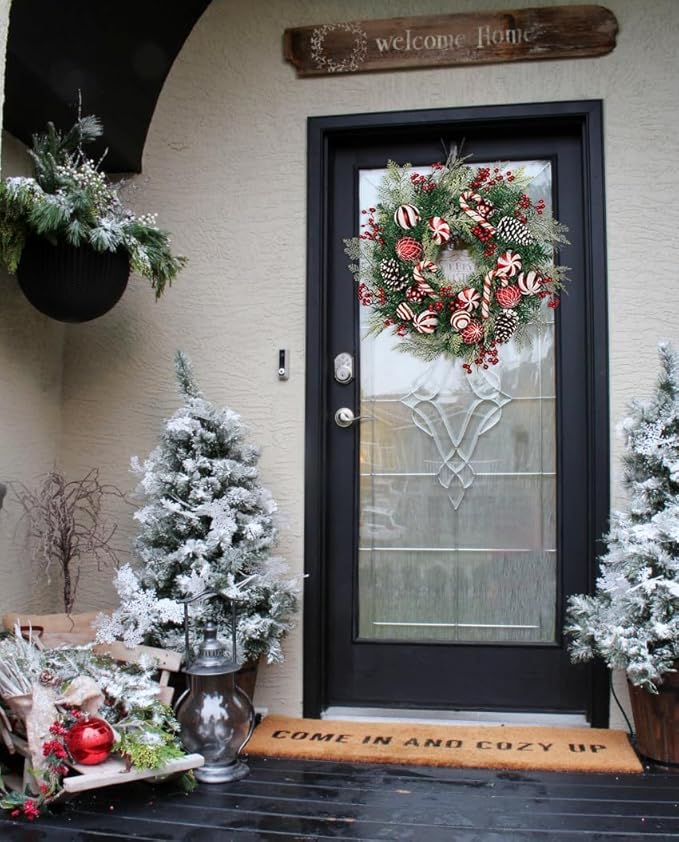 24 inch Christmas Door Wreath, Norfolk Pine Wreaths for Front Door with Candy Cane Red and White Ball Pinecones Berries for Fireplace Xmas Decorations, Wall Window Indoor Outdoor Decor