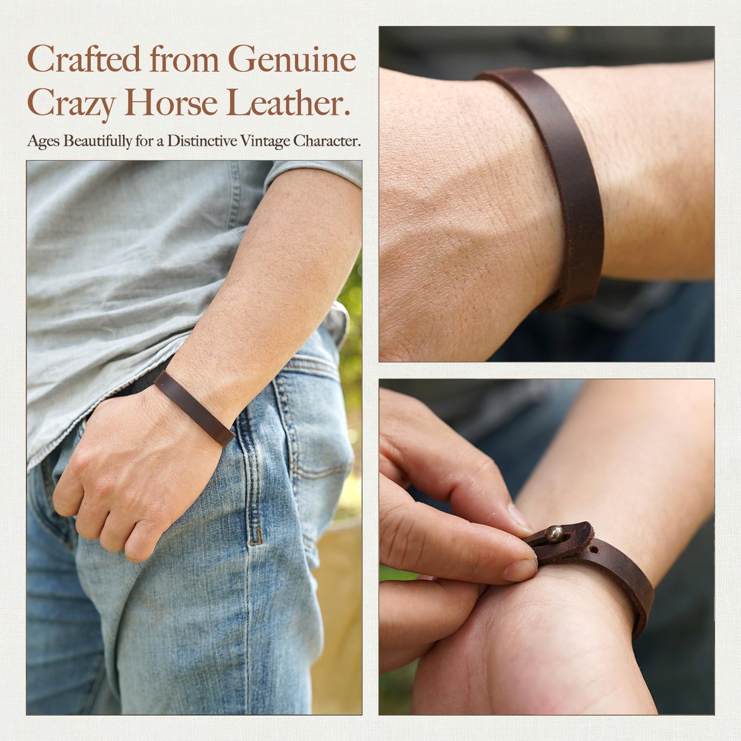 2 Pack Leather Bracelets for Men - Crazy Horse Leather Cuff, Handmade Adjustable Bracelet Set with Solid Brass Screw Buckles, Gifts for Him (Dark Brown/Light Brown)
