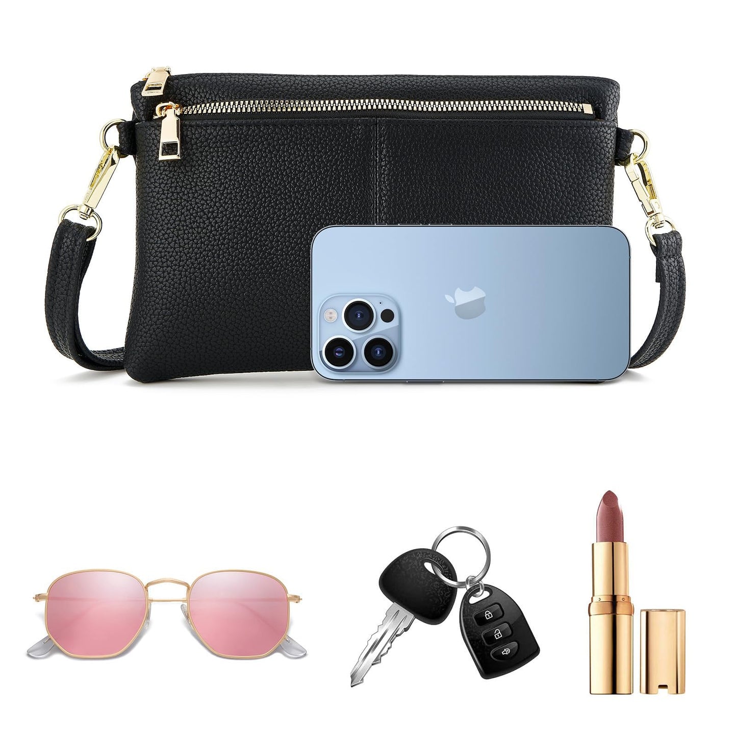 ZOOEASS Triple Zip Small Crossbody Bag Lightweight Purses Vegan Leather Wristlet Clutch, Includes Adjustable Shoulder (Black)