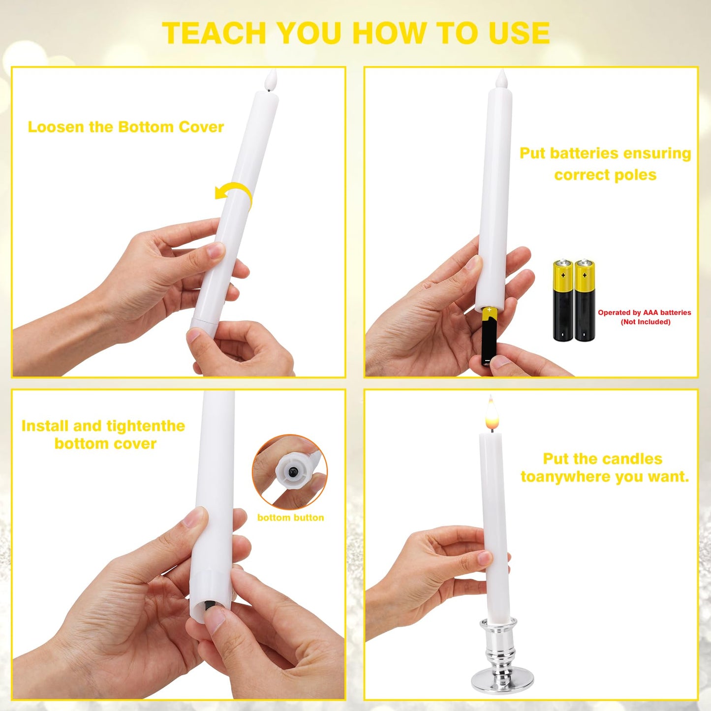 POQCCT LED Flameless Window Candles with Remote Timer 10 PCS Battery Operated Flickering Taper Candle Lights with Removable Sliver Candle Holders Best Gift for Xmas Wedding Home Dinner Décor