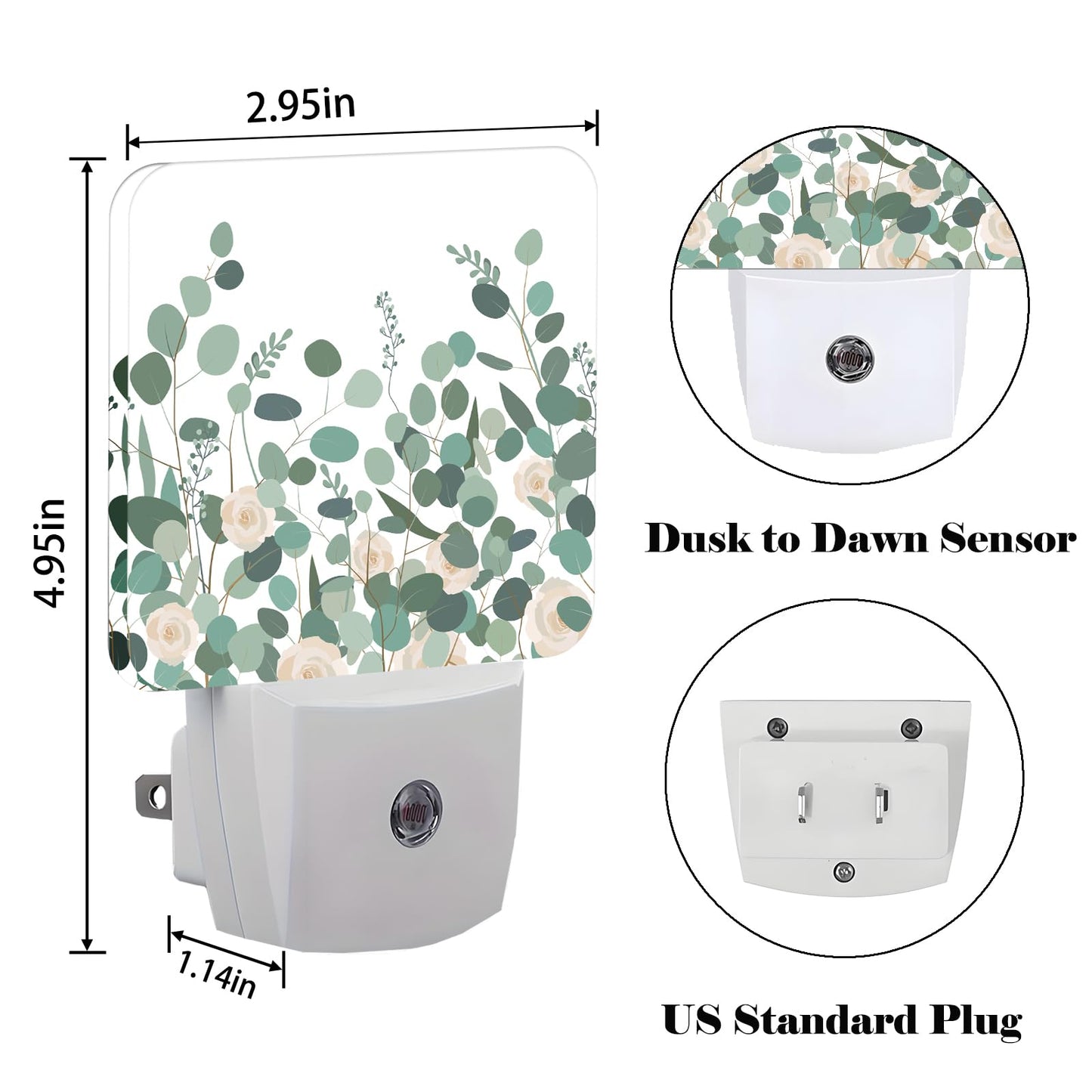 FSHVQKD Eucalyptus Branches and Roses Night Light,Plug-in Nightlights Auto Sensor Night Lamp Dusk to Dawn Lamp Home Decor for Nursery Children Girls Boys