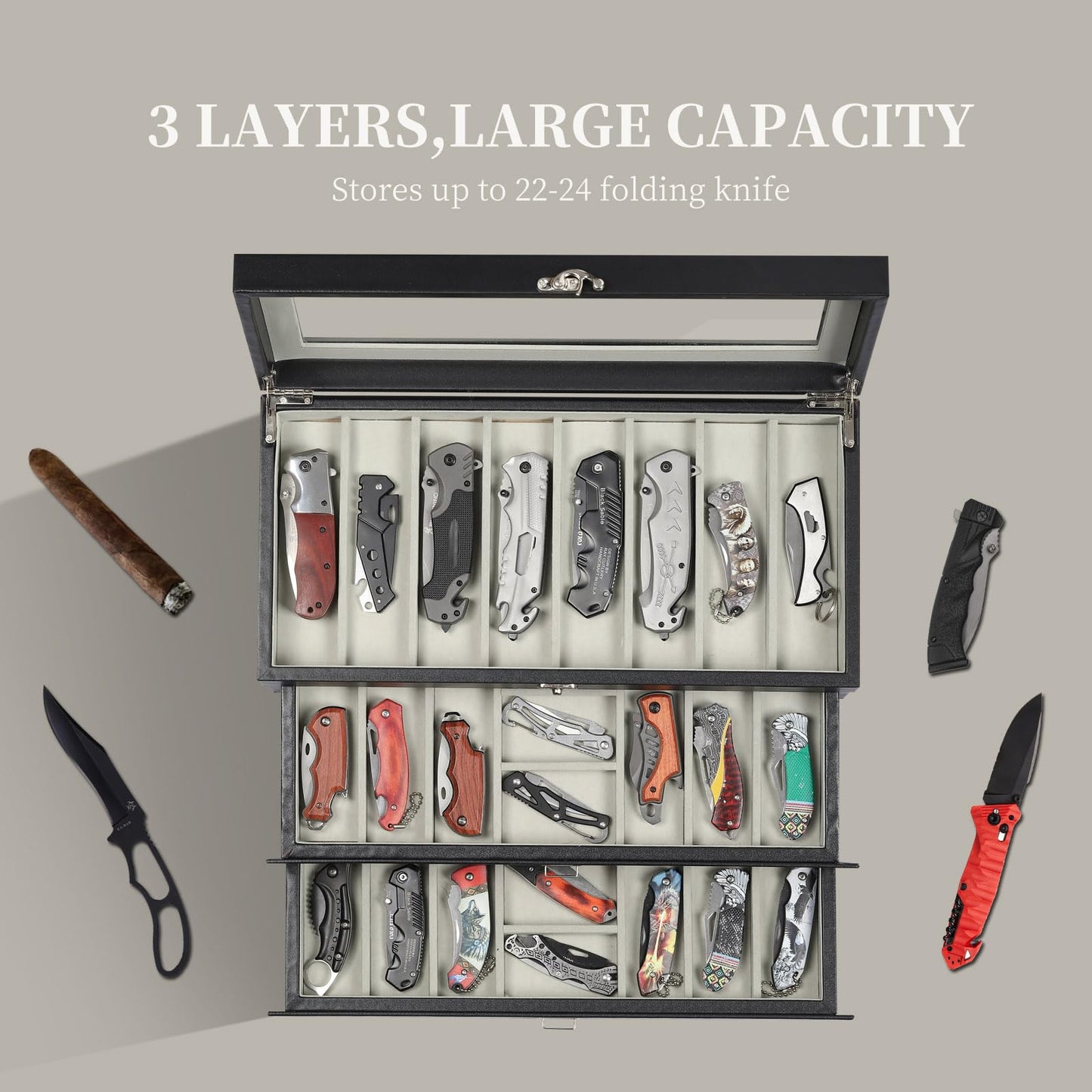 AUTOARK 3-Tier PU Leather & Velvet Knife Organizer with 26 Slots,Transparent Glass Top & Drawer,Compact Storage for Pocket Knives,Ideal for Men's Collections & Gifts,Black,MKAW016