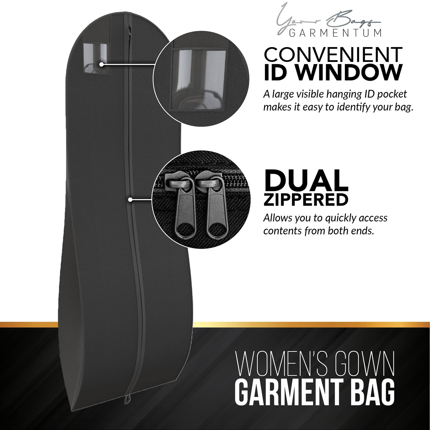 YOUR BAGS GARMENTUM Dress Bag for Gowns & Formal Dresses - 72" Extra Long Garment Bag for Hanging Clothes & Travel Women - Large Wedding Dress Garment Bags - 10" Gusset (Black)