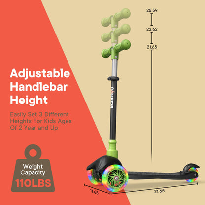 Black & Green Mini 3 Wheel Scooter for Kids – Lean-to-Steer with LED Light-Up Wheels, Adjustable Handlebar, Wide Anti-Slip Deck, Smooth PU Wheels, Rear Foot Brake – Toddler Scooter for Ages 2+