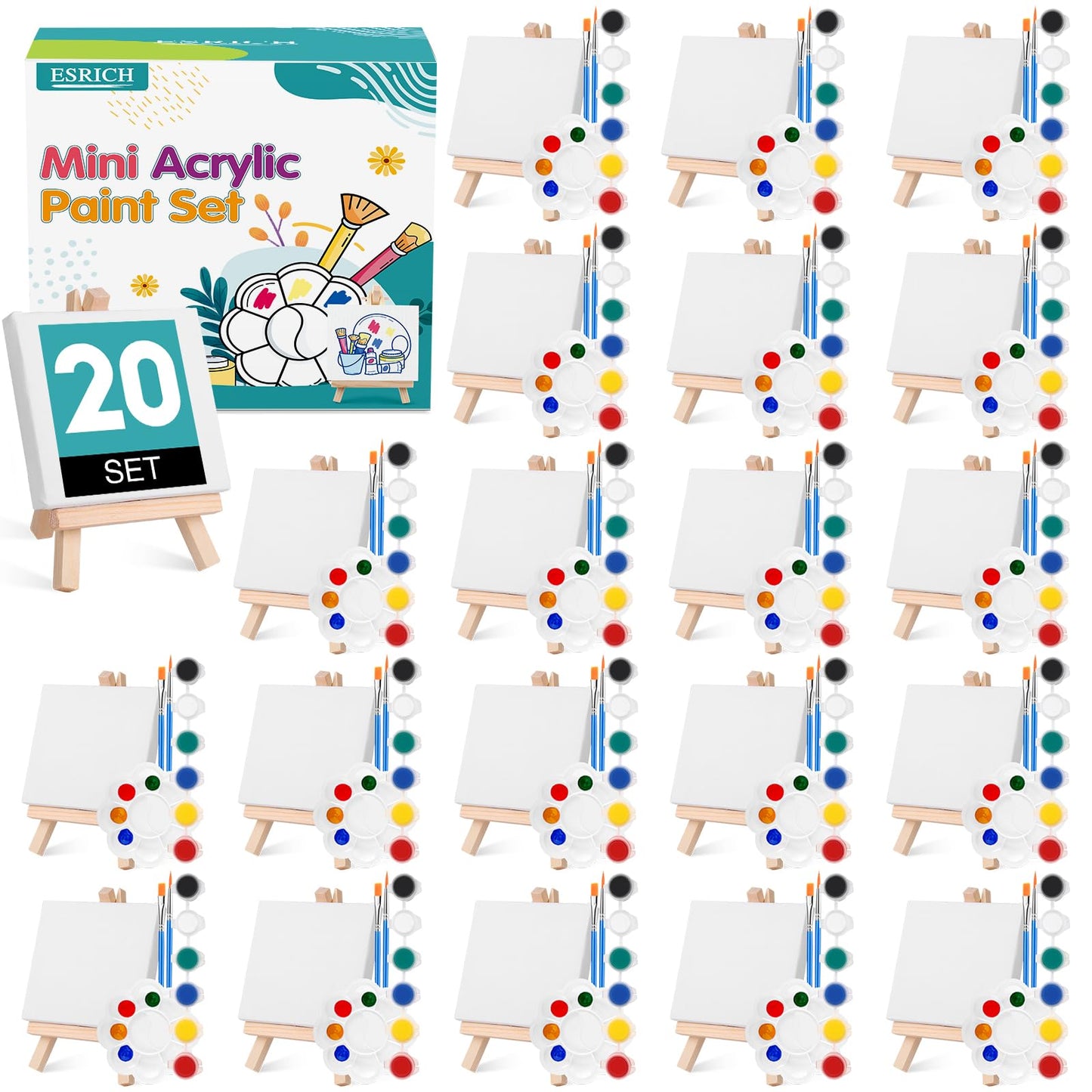 ESRICH 20 Set Mini Canvas Painting Kit, Minis Acrylic Paint Set, Valentines Day Gifts,4*4in Stretched Canvas with Easel, Acrylic Paints,Brushes,Palette,Mini Easel Canvas for Kids Adults Painting Party