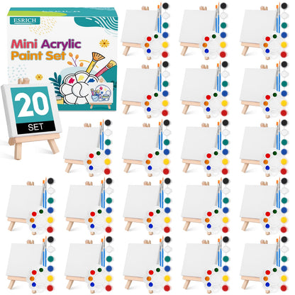 ESRICH 20 Set Mini Canvas Painting Kit, Minis Acrylic Paint Set, Valentines Day Gifts,4*4in Stretched Canvas with Easel, Acrylic Paints,Brushes,Palette,Mini Easel Canvas for Kids Adults Painting Party
