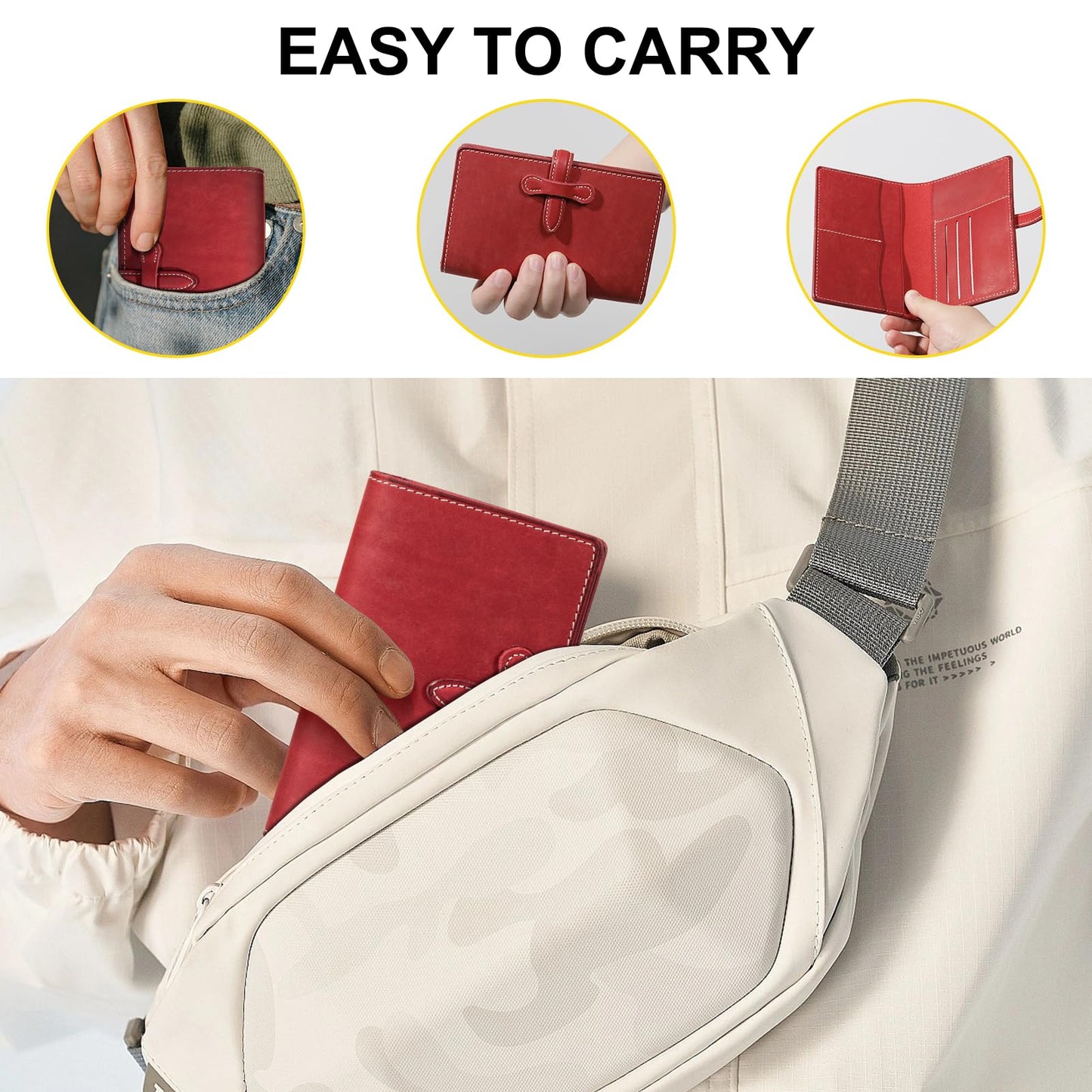 une diffe Leather Passport Holder for Travel Women Men, RFID Blocking Card Slot, Top-Grain leather with Magic Buckle, Boarding Pass Pocket,Retro Passport Wallet,Red