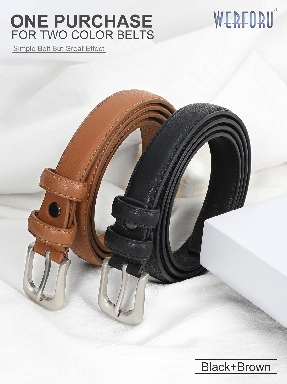WERFORU 2 Pack Women Leather Belt for Pants Jeans Skinny Waist Belts for Dress Casual Ladies Belt Solid Pin Buckle