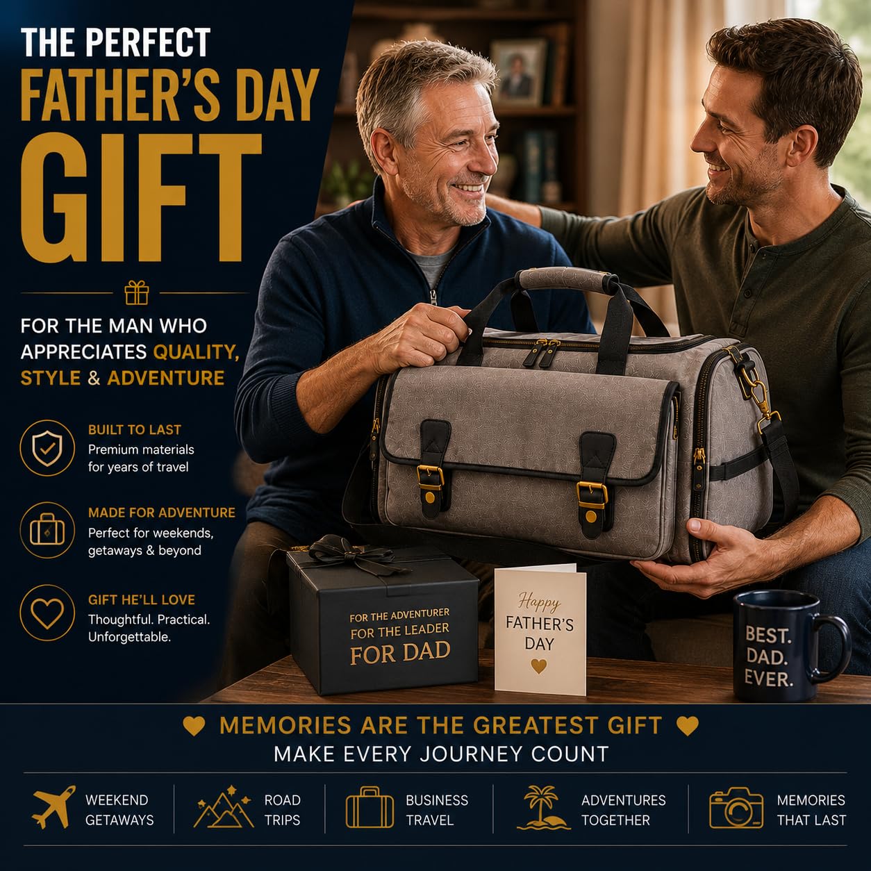 Oversized Canvas Weekender Duffel Bag for Men, Gift for Dad, Genuine Leather Trim & Brass Hardware, 23" Carry-On Travel Bag, Large Overnight Weekend Bag, Gray