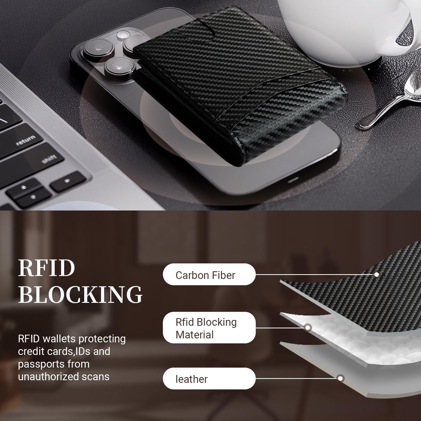 GNDR Wallet For Men RFID Blocking Leather Black Wallets Bifold Carbon Fiber Front Pocket Card Holder Mens Accessories With Gift Box
