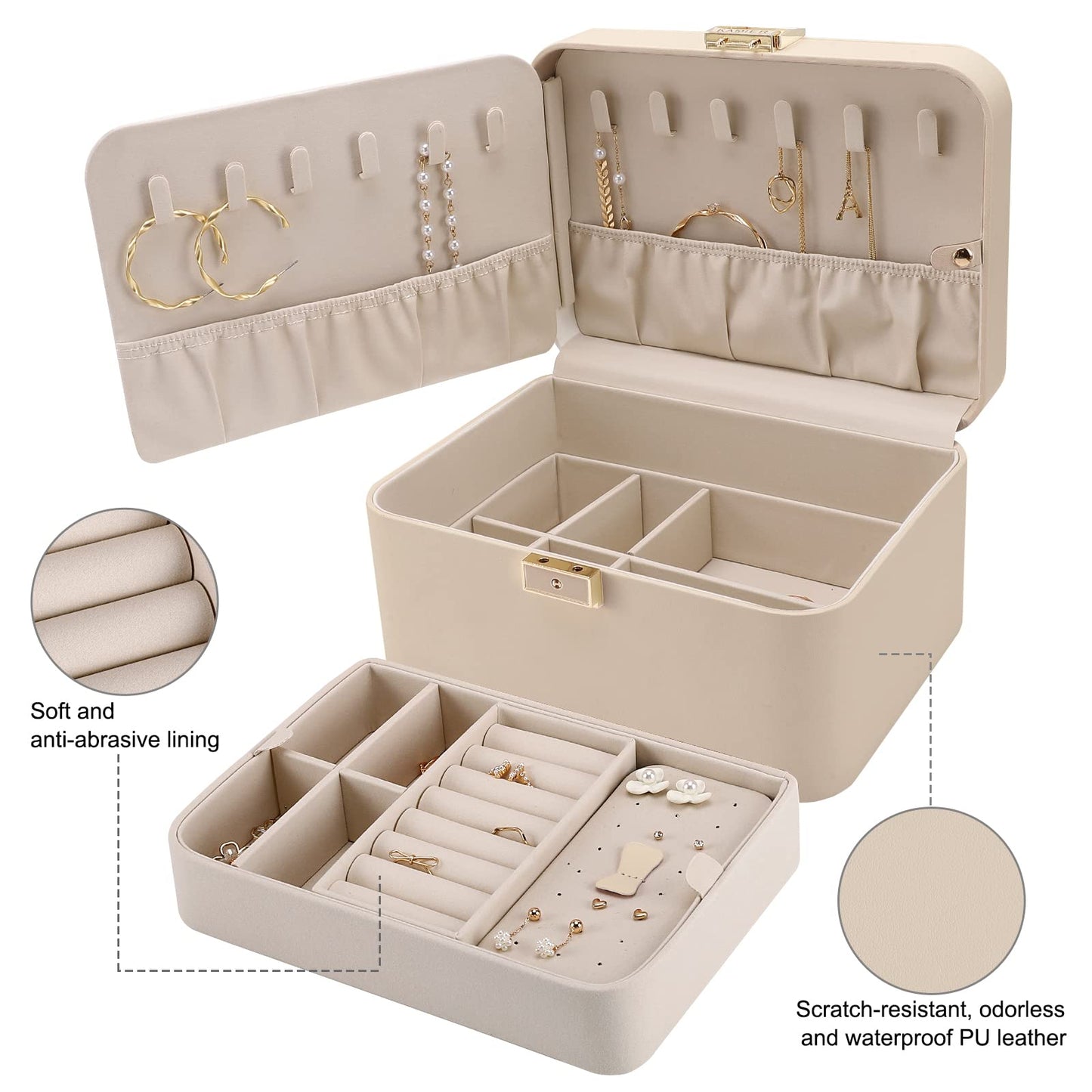 Upgraded Jewelry Box, 2 Layers PU Leather Jewelry Organizer for Women with Lock and Mirror, Hidden Necklace Hook and Removable Divider Large Capacity Travel Jewelry Box Ideal for Gift-With Gift Box