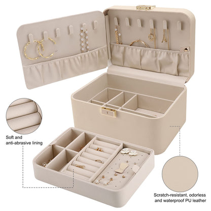Upgraded Jewelry Box, 2 Layers PU Leather Jewelry Organizer for Women with Lock and Mirror, Hidden Necklace Hook and Removable Divider Large Capacity Travel Jewelry Box Ideal for Gift-With Gift Box