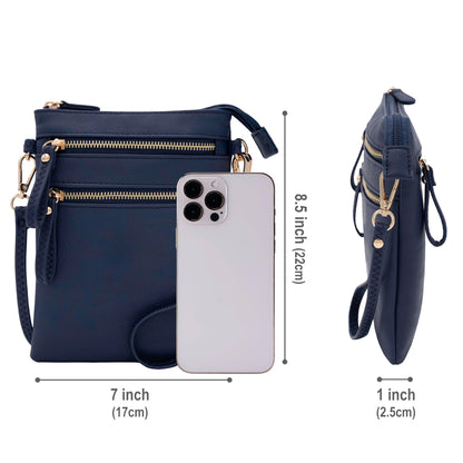 Solene Women's Faux Leather Organizer Multi Zipper Pockets Handbag With Detachable Wristlet Crossbody Bag-WU002(Navy)