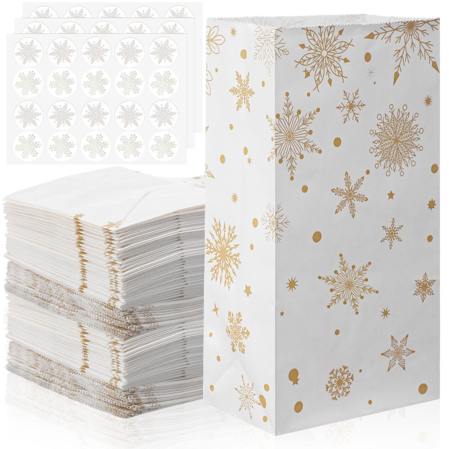 Cholemy 120 Set Winter Christmas Snowflake Gift Bags with Snowflake Sealing Stickers Winter Paper Goodies Treat Cookie Snack Bags for Xmas Holiday Party Favors