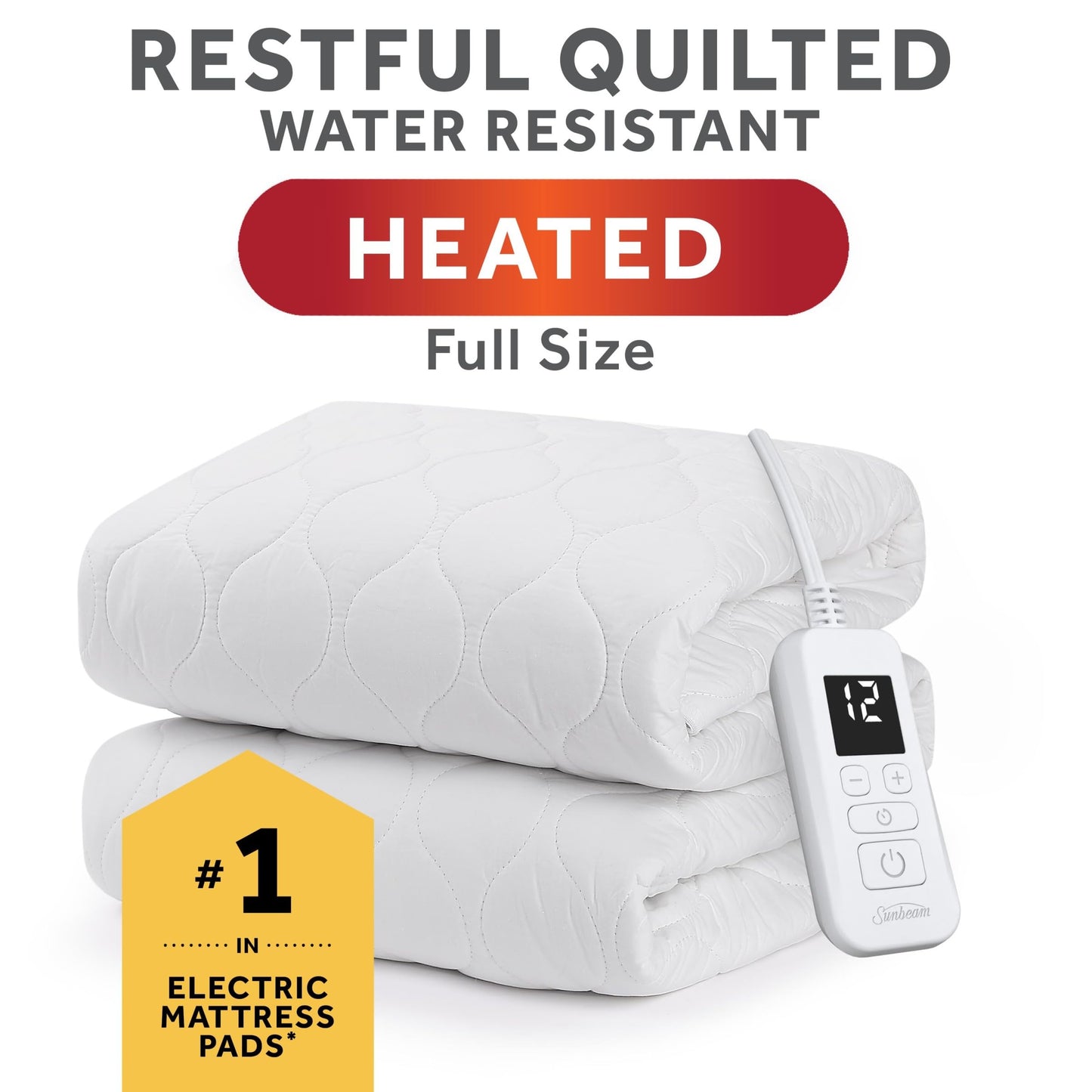 Sunbeam Electric Heated Mattress Pad Queen 80" x 60" 12 Heat Settings 12-Hour Auto Shut-Off Fast Heating Soft Cozy Fabric Deep Pocket Skirt Machine Washable