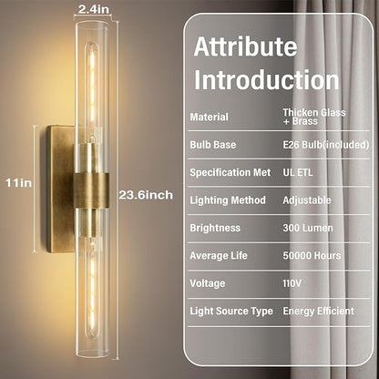 Wall Sconces Set of Two, 22.8" Gold Bathroom Sconces Wall Lighting with Clear Glass, Modern Sconces Wall Decor Brass Light Fixtures for Bathroom Mirror Living Room Hallway Bedroom