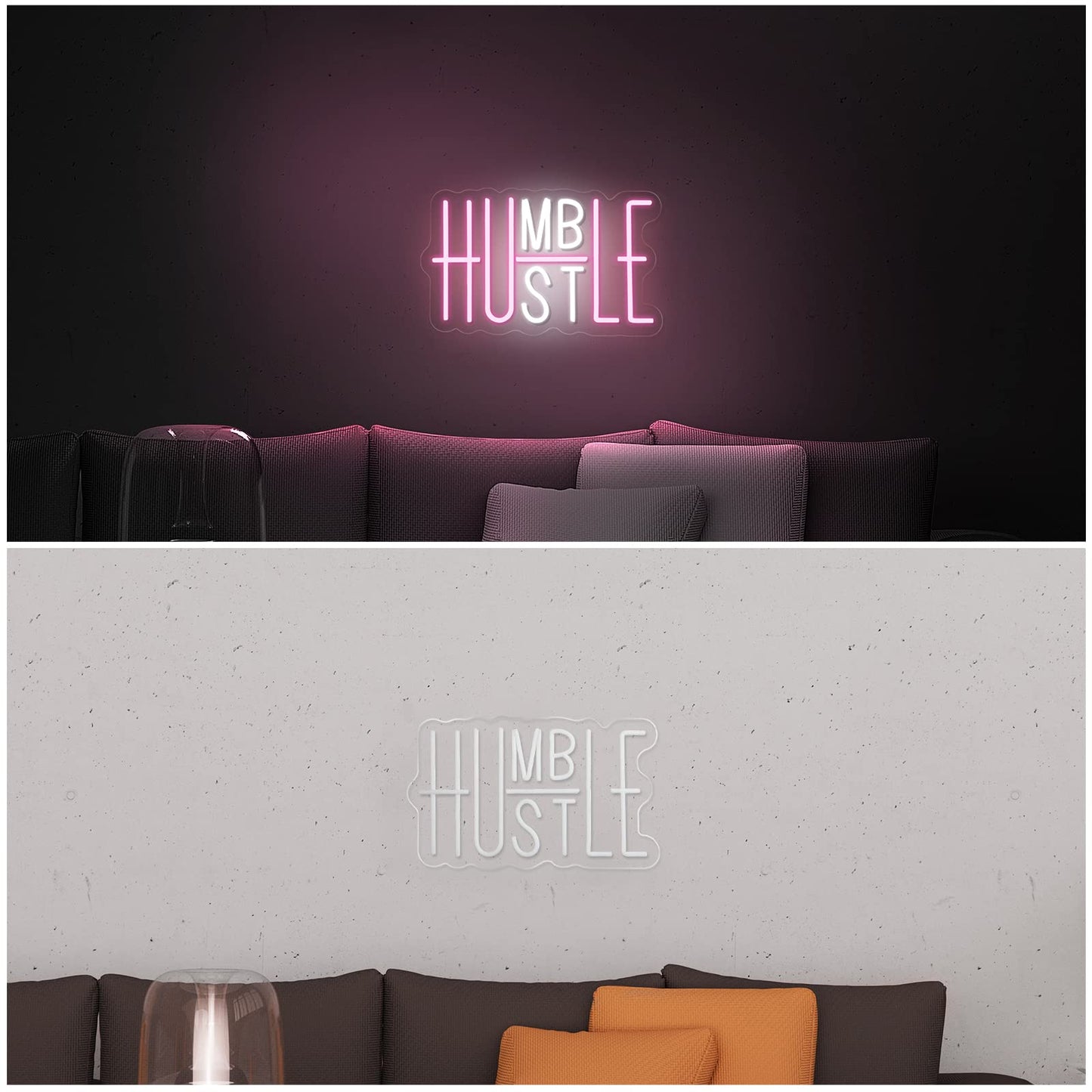 YIKBIK Hustle LED Neon Sign for Wall Decor, Humble LED Neon Lights for Party Decorations, USB Powered Switch Adjustable Brightness Lights, for Office Room, Gym Room, Man Cave Decor (Pink&White)