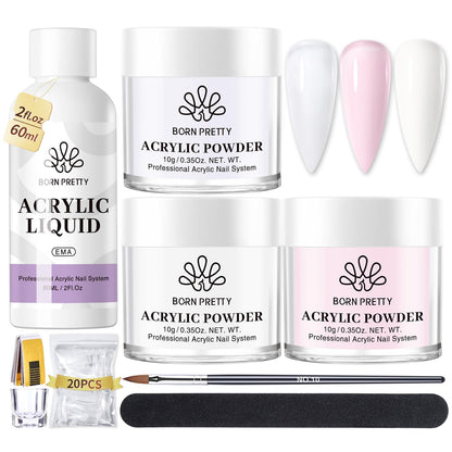 BORN PRETTY Acrylic Nail Kit - Acrylic Powder (Clear, White, Pink) & Liquid Set with Nail Forms, Brush Pen, File & Glass Container - Beginner Friendly