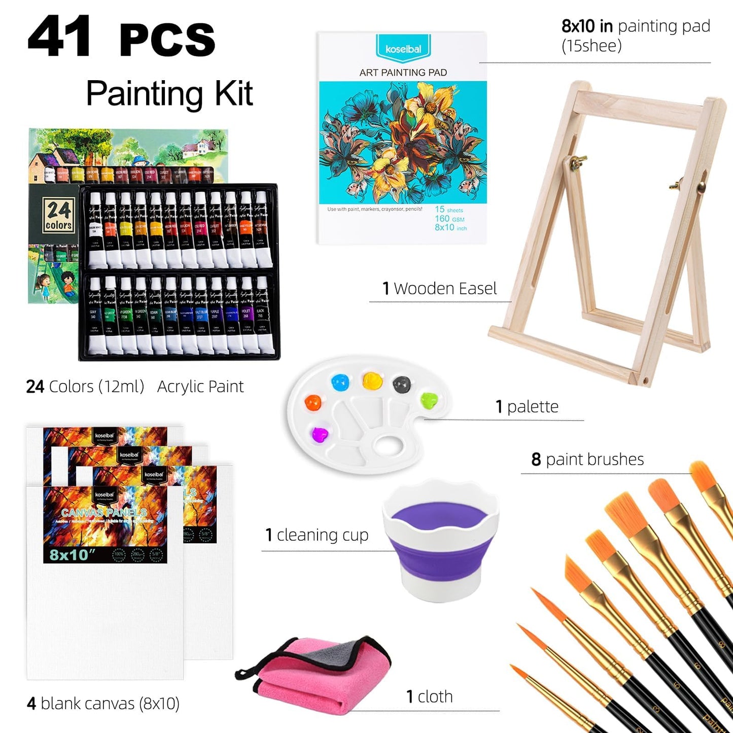Acrylic Art Set, 41 PCS Painting Kit, Acrylic Paint Set for Kids, Painting Supplies with 24 Acrylic Paints, 1 Wooden Easel , 4 Canvas Panels, 8 Paint Brushes, Drawing Pad, Art Supplies for Kids Adults