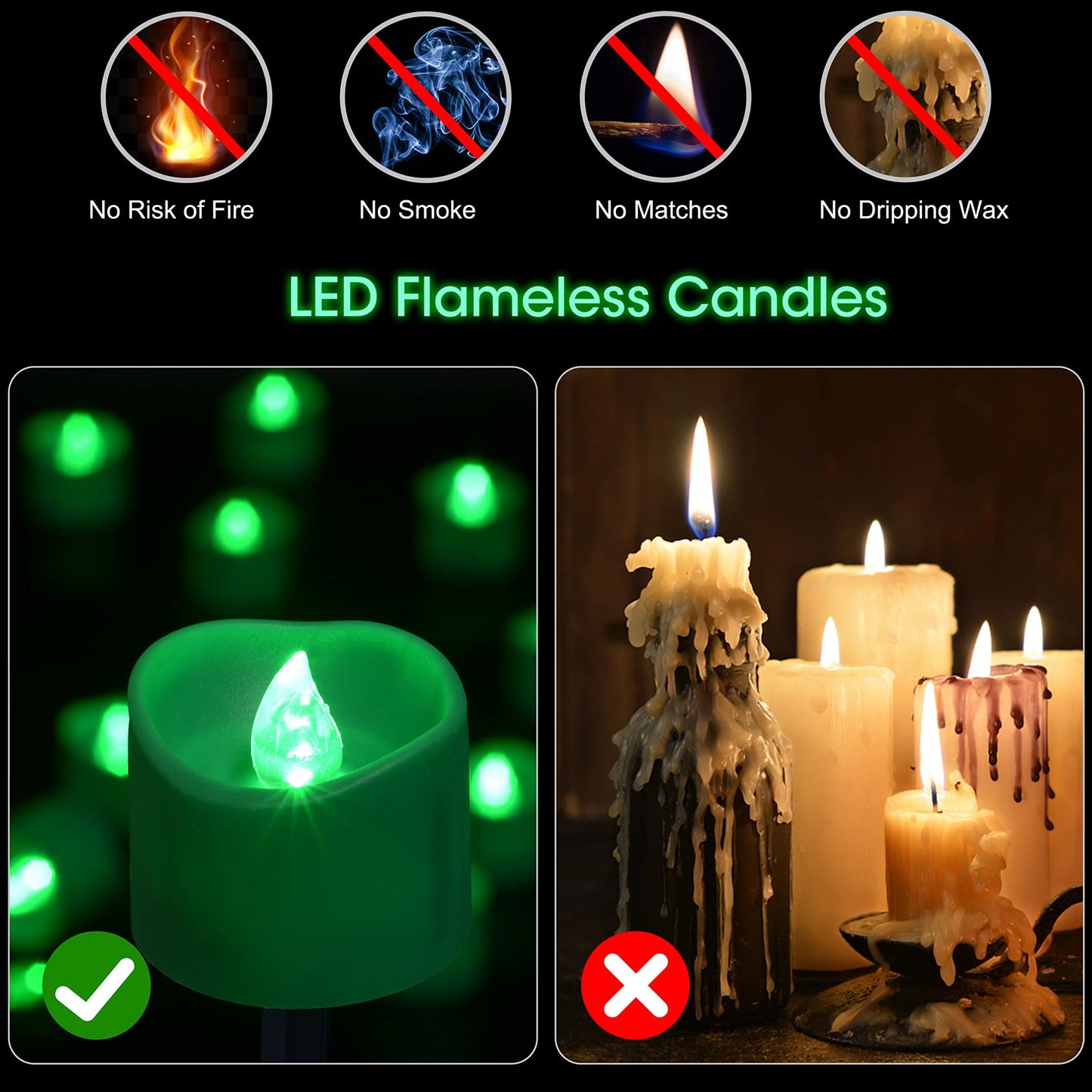 PChero 12pcs Green LED Tea Lights with Timer, Flickering Flameless Tealights Battery Operated Long Lasting Fake Candles for Wedding, Party, Christmas, Halloween and Festival Celebration